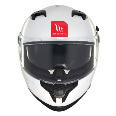 Capacete integral branco com etiqueta vermelha MA-HELMETS e viseira fumada