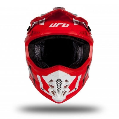 Capacete de motocross vermelho e branco com texto UFO