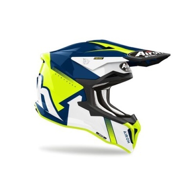 Capacete de motocross Airoh azul, amarelo fluorescente, branco e preto com padrão gráfico