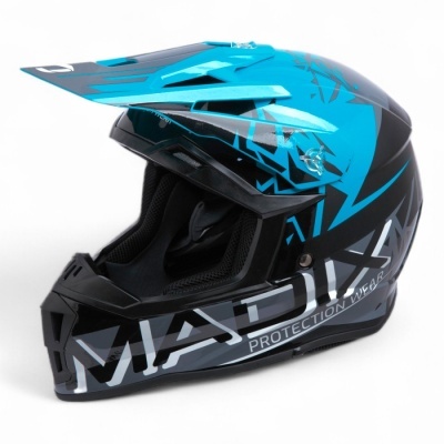 Capacete motocross preto e azul com texto MADDAX e PROTECTION WEAR