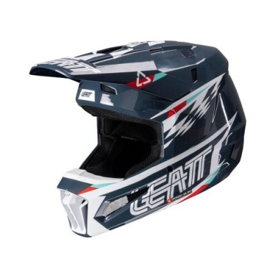 Capacete integral Leatt preto com padrões geométricos e texto LEATT