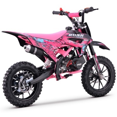 Motocross infantil roxa, preta e azul com assento cor-de-rosa e rodas de pneus grossos