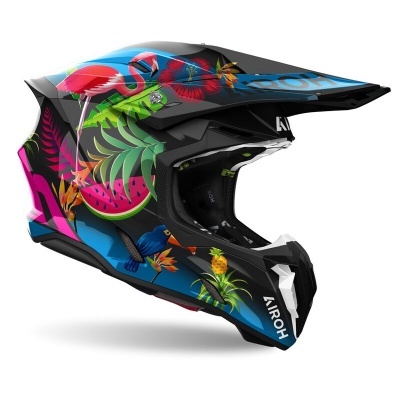 capacete integral todo-o-terreno colorido com flamingos, melancia e motivos tropicais