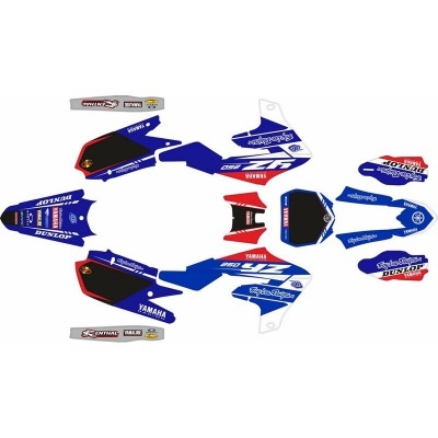 Autocolantes para mota em azul, branco, vermelho e preto com vários textos e logótipos