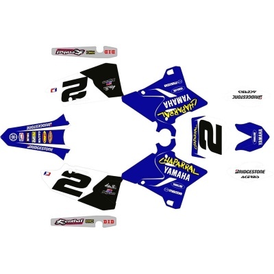 Autocolantes para mota Yamaha em azul, branco e preto com várias marcas e números.