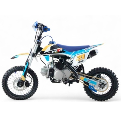 Motocross azul, branco e amarelo com número 21 e texto REXO no quadro