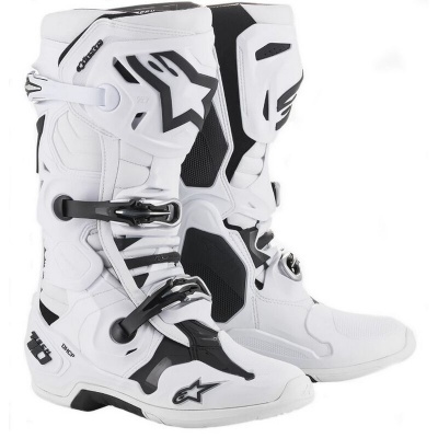 Botas de motocross Alpinestars brancas e pretas com fechos de fivela