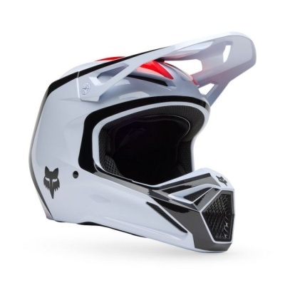 Capacete motocross branco com detalhes pretos e vermelhos, visor ajustável e logo de raposa