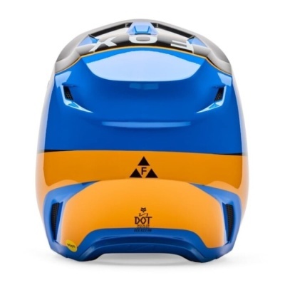 Capacete de motociclismo azul, laranja e branco com textos DOT e FA