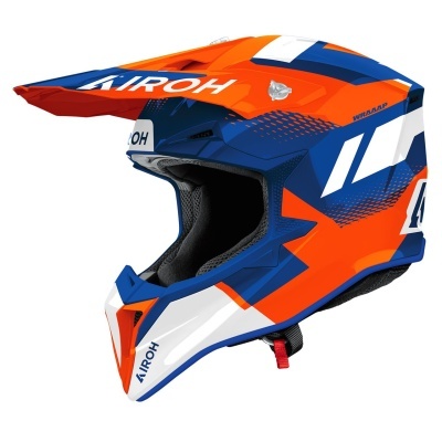 Capacete motocross azul, laranja e branco com texto AIROH