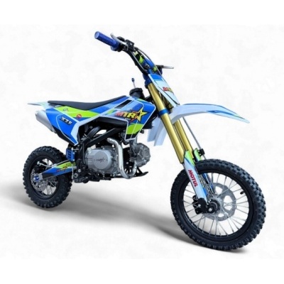 Motocross de criança azul, branco, verde e preto com suspensão dianteira dourada e pneus de borracha