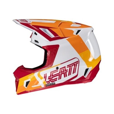 Capacete integral de motocross branco, vermelho, laranja e amarelo com texto LEATT na lateral