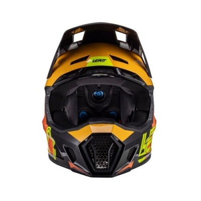 Capacete de motocross preto, amarelo e laranja com detalhes verdes fluorescentes