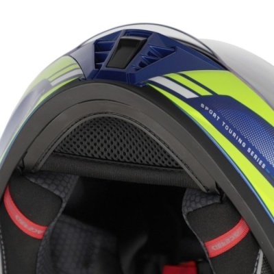 Capacete de motorizada azul, verde e branco com interior acolchoado preto com detalhes vermelhos
