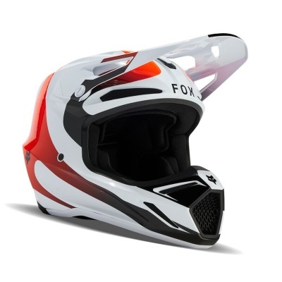 Capacete integral para motocross branco, preto e vermelho com texto 'FOX'