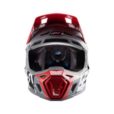 Capacete motocross vermelho e cinza com interior preto e texto