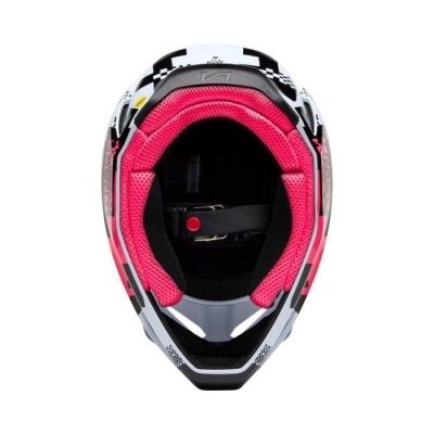 Capacete de motocross preto, branco e cinza com interior rosa almofadado