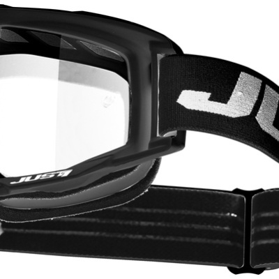 Óculos de proteção pretos com lente transparente e fita preta com texto branco