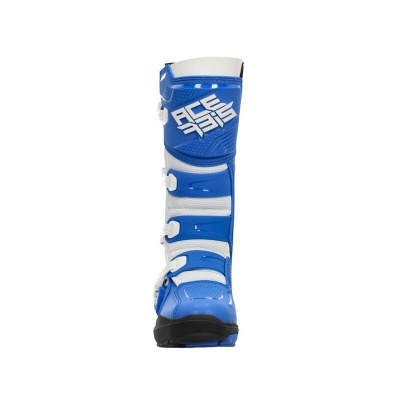 Bota de motocross azul e branca com texto ACE 335