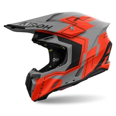 Capacete de motocross AIROH cinzento e laranja com texto AIROH
