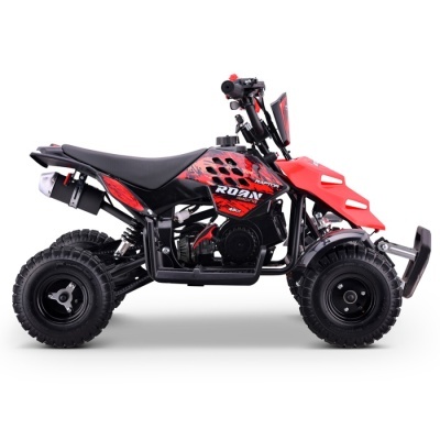 Quadriciclo vermelho e preto com pneus robustos e texto ROAN RACING RAPTOR 49CC