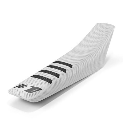 Assento de bicicleta branco com riscas pretas e textura perfurada