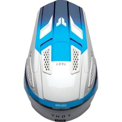 Capacete de motociclismo branco com detalhes azuis e texto TH01 e M19-X68