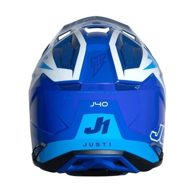 Capacete de motocross azul e branco com texto J40, JH e JUST1