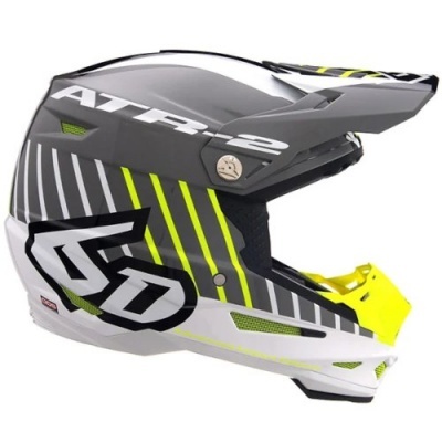 Capacete integral motocross cinza branco amarelo neon e preto com texto ATR-2 6D
