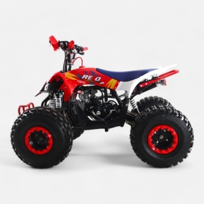 Quadriciclo vermelho com detalhes amarelos, banco azul, pneus grandes e texto REX 110CC no tanque