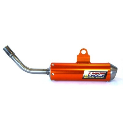 Escape de moto em alumínio metálico laranja com etiqueta HGS