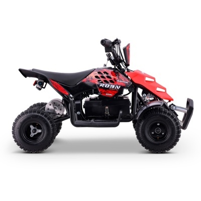Quadriciclo preto e vermelho com pneus largos e texto ROAN RACING RAPTOR 500W