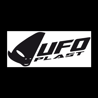 Logotipo preto e branco da marca UFO PLAST com cabeça alienígena