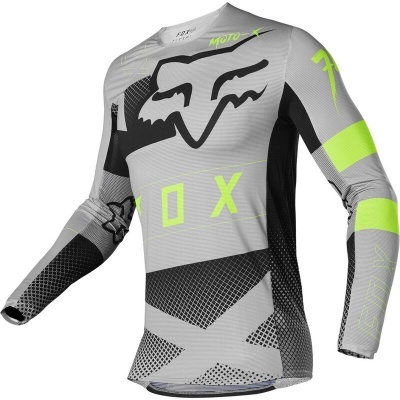 Camisola de motocross cinzenta com padrões pretos e detalhes verdes fluorescentes da marca FOX