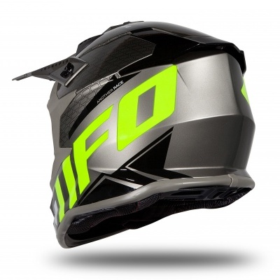 Capacete de motocross cinza, preto e amarelo com logo UFO