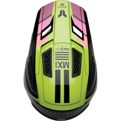 Capacete de mota verde lima, rosa e preto com texto MX 68 RACE DIV