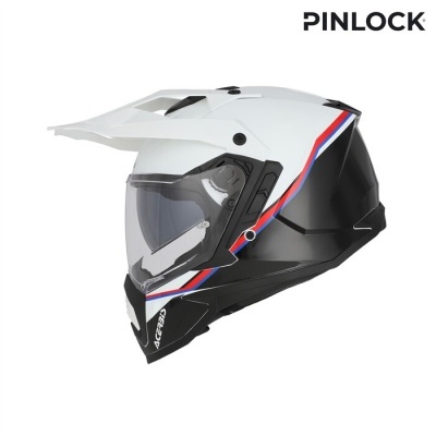 Capacete integral branco e preto com detalhes azuis e vermelhos e viseira transparente
