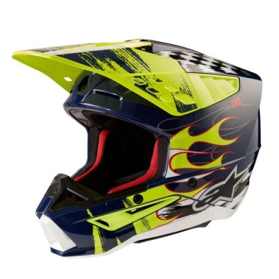 Capacete motocross azul, verde, amarelo com chamas laranjas e interiores vermelhos