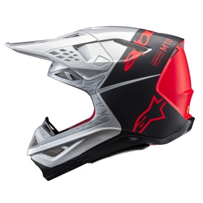 Capacete integral motocross preto, prateado e vermelho com logótipo Alpinestars M10