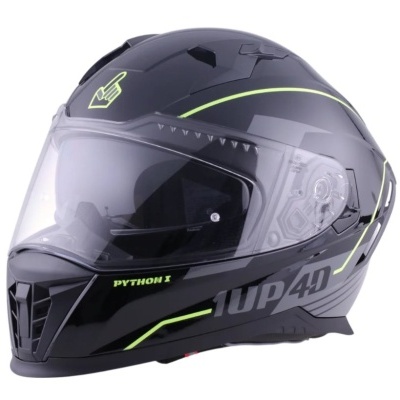 Capacete de motociclista preto com viseira transparente e detalhes verdes florescentes