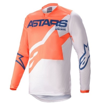 Camisola de motocross laranja e branca com texto azul ASTARS e logo azul nas mangas