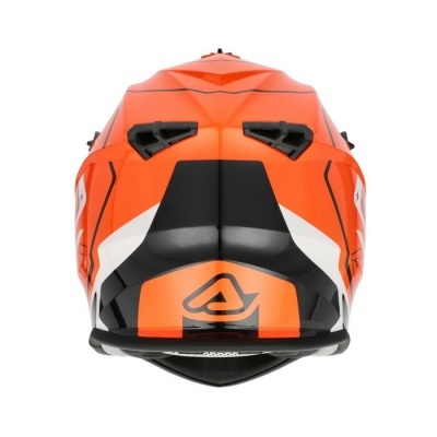 Capacete motocross laranja com detalhes brancos e pretos e entradas de ar