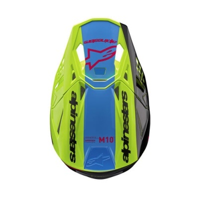 Capacete de motociclismo verde-neon, azul e preto com texto alpinestars e M10