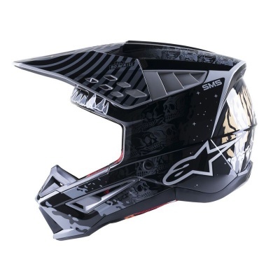 capacete integral motocross preto cinza com padrão caveiras e logo Alpinestars