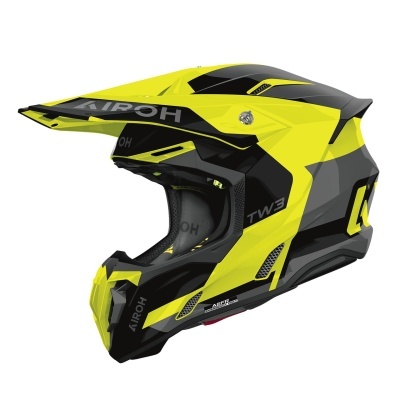 Capacete motocross amarelo, preto e cinza com texto AIROH e TW3