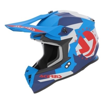 Capacete de motocross azul e branco com visor e interior acolchoado