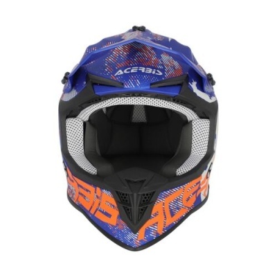 Capacete integral azul com detalhes laranja e branco da Acerbis, para motocross