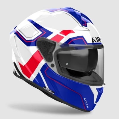 Capacete integral branco azul e vermelho com viseira preta e texto AIRON