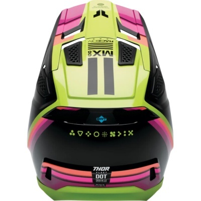 Capacete de motocross colorido com inscrições e padrões geométricos