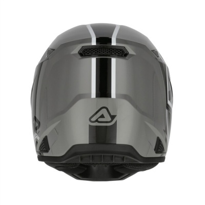 Capacete de mota integral cinza metálico com riscas brancas e logótipo preto